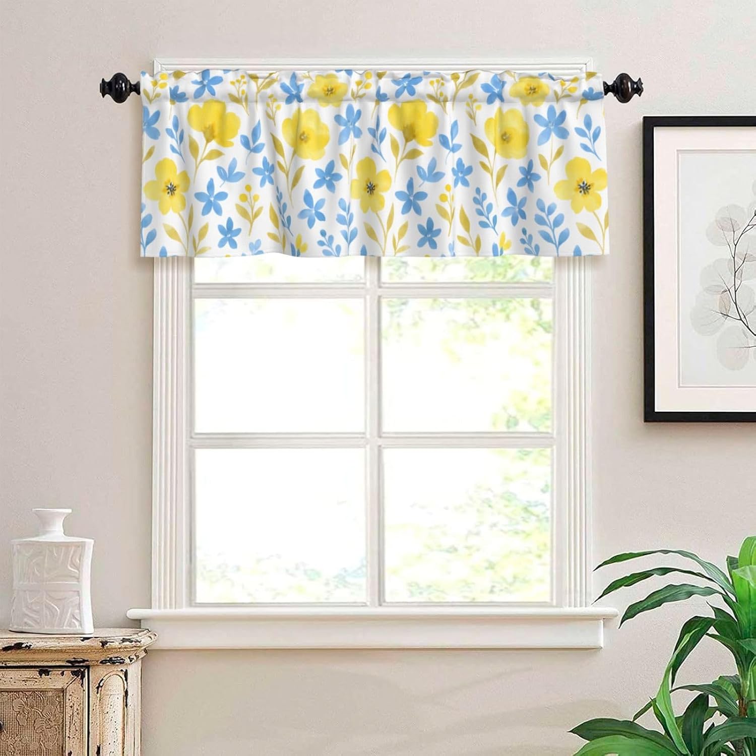 Valance for Windows Yellow Blue Floral Leaf Kitchen Curtains Valances Rod Pocket Watercolor Window Treatment Short Topper Curtains 1 Panel, 54x18inch