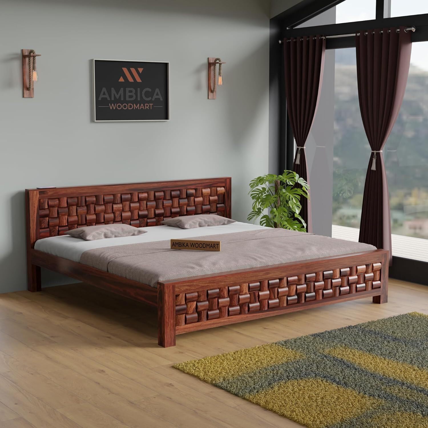 AMBICA WOODMART Sheesham Wood Bed Without Storage Solid Wooden Cot Bed Elegant and Functional Bedroom Living Room Home (Dark Mahogany Finish, King)