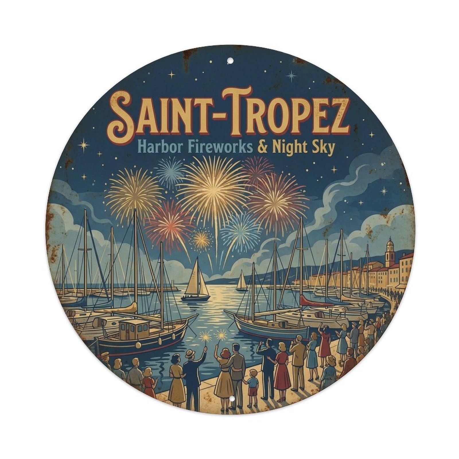 Harbor Fireworks Night Sky France Saint Tropez Travel Metal Tin Sign