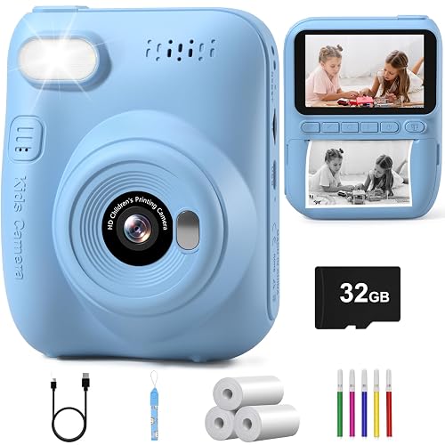 Hangrui Kids Camera Instant Print,3.0'' 1080P Kids Instant Print Camera with 32G Card,3 Rolls Printing Paper and 5 Color Pens, Gift Toy for Girls Boys 3-12 Years Old -Blue - 3.0inch Blue - 3.0inch Style