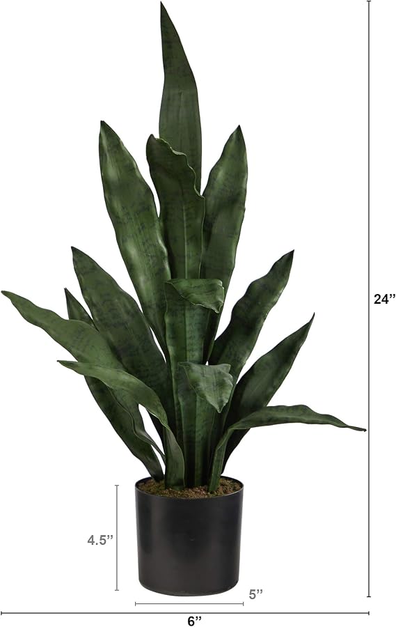 Nearly Natural 2-ft Artificial Tall Snake Plant Sansevieria, Green Faux Snake Plant for Indoor Home Decor in Black Nursery Pot, 24-in Fake Plant for Office, Living Room, Bedroom, Tabletop, DIY
