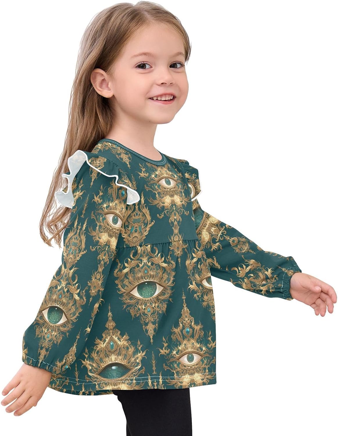 visesunny Toddler Clothes for Girls Ethnic Emerald Gemstone Eye Long Sleeve Fall Shirts Cotton Top with Ruffle Collar