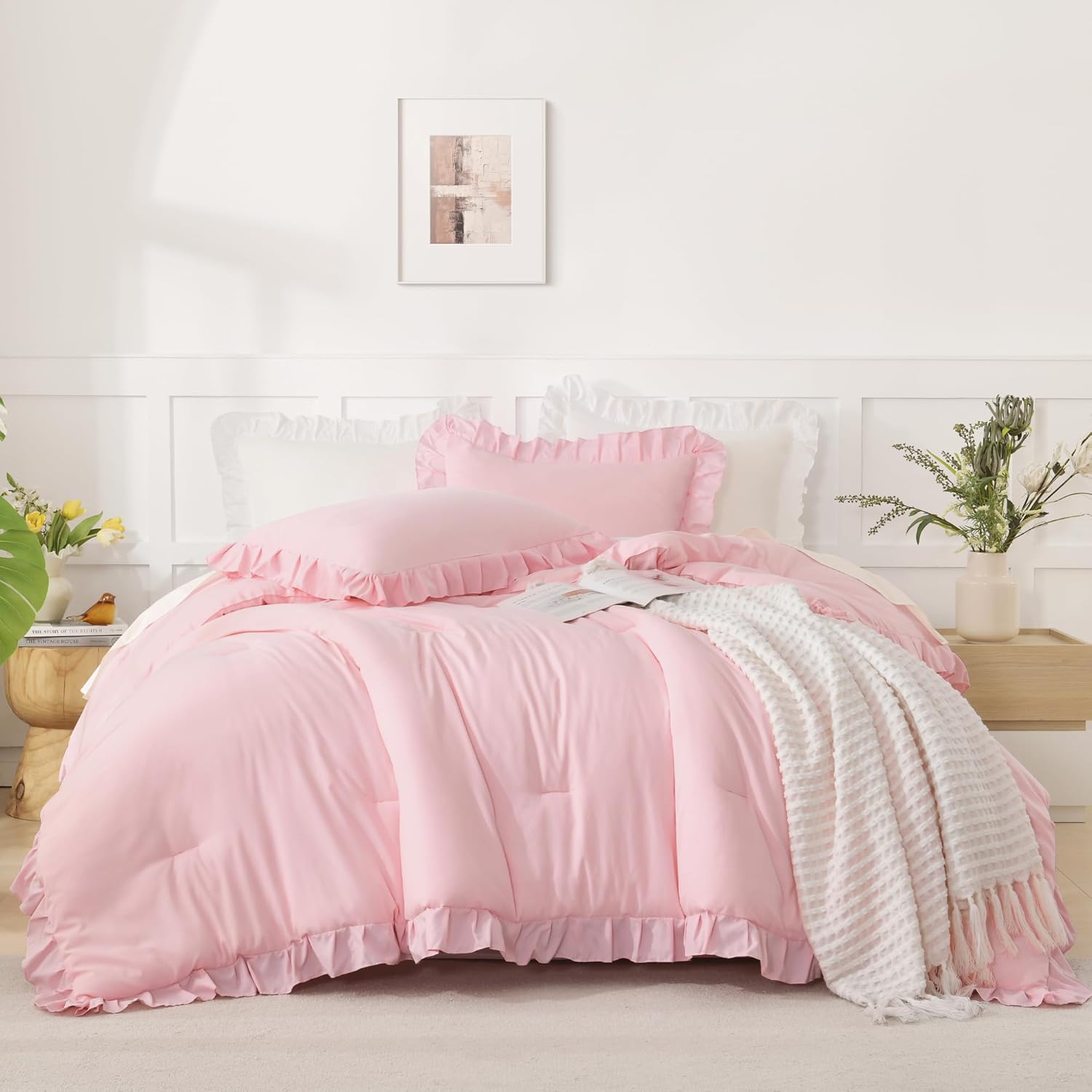 Andency Pink Comforter Set Queen Size, 3 Pieces Solid Pink Ruffle Shabby Chic Comforter Set for Queen Bed, All Season Vintage Rustic Soft Microfiber Bedding Set for Women Girls