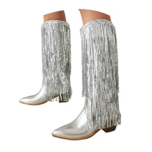 ZSpzx Women Sequin Knee High Cowboy Boots Shinny Fringe Western Cowgirl Booties Wide Calf Chunky Block Heel Pointed