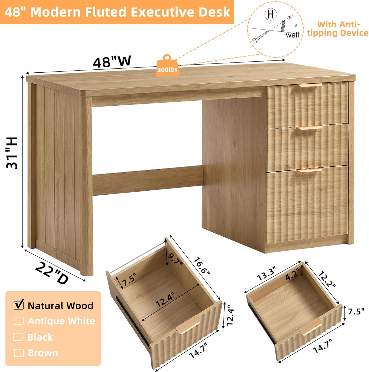 LEYAOYAO Office Desk 48" with 3 Drawers Storage File Cabinet Wood Fluted Desk for Computer Office Bedroom Home Furniture Natural