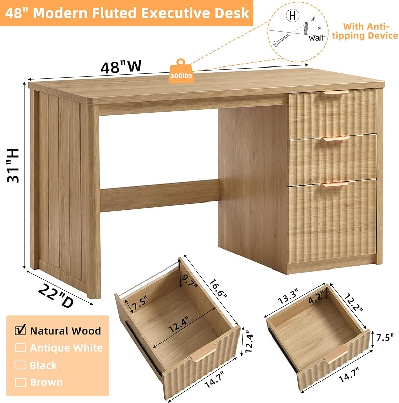 LEYAOYAO Office Desk 48" with 3 Drawers Storage File Cabinet image 2