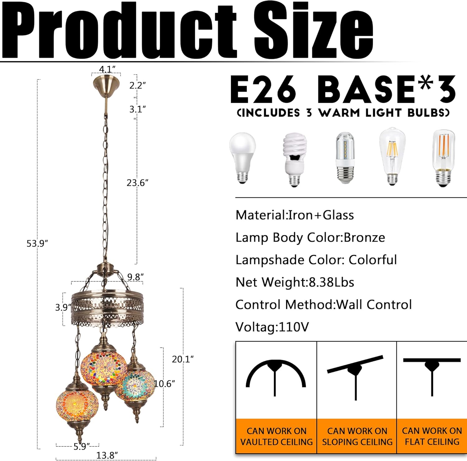 3-Globe Turkish Hanging Lamp, Handmade Moroccan Mosaic Chandelier Pendant Light Fixture, Stained Glass Decorative Ceiling Lamp for Living Room Bedroom