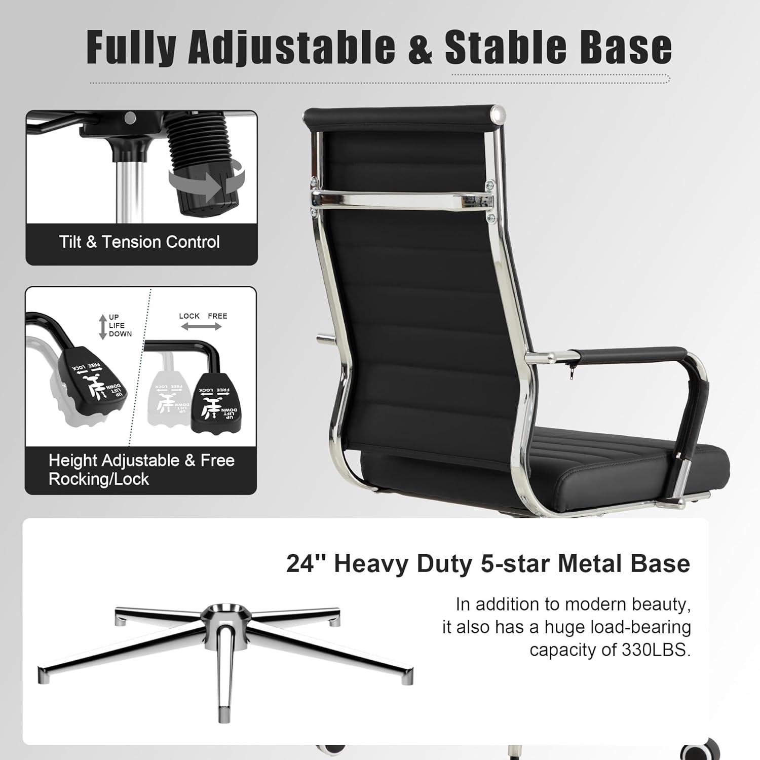 Okeysen Office Desk Chair, Ergonomic Leather Modern Conference Room Chairs, Executive Ribbed Height Adjustable Swivel Rolling Chair for Home Office. (Black)