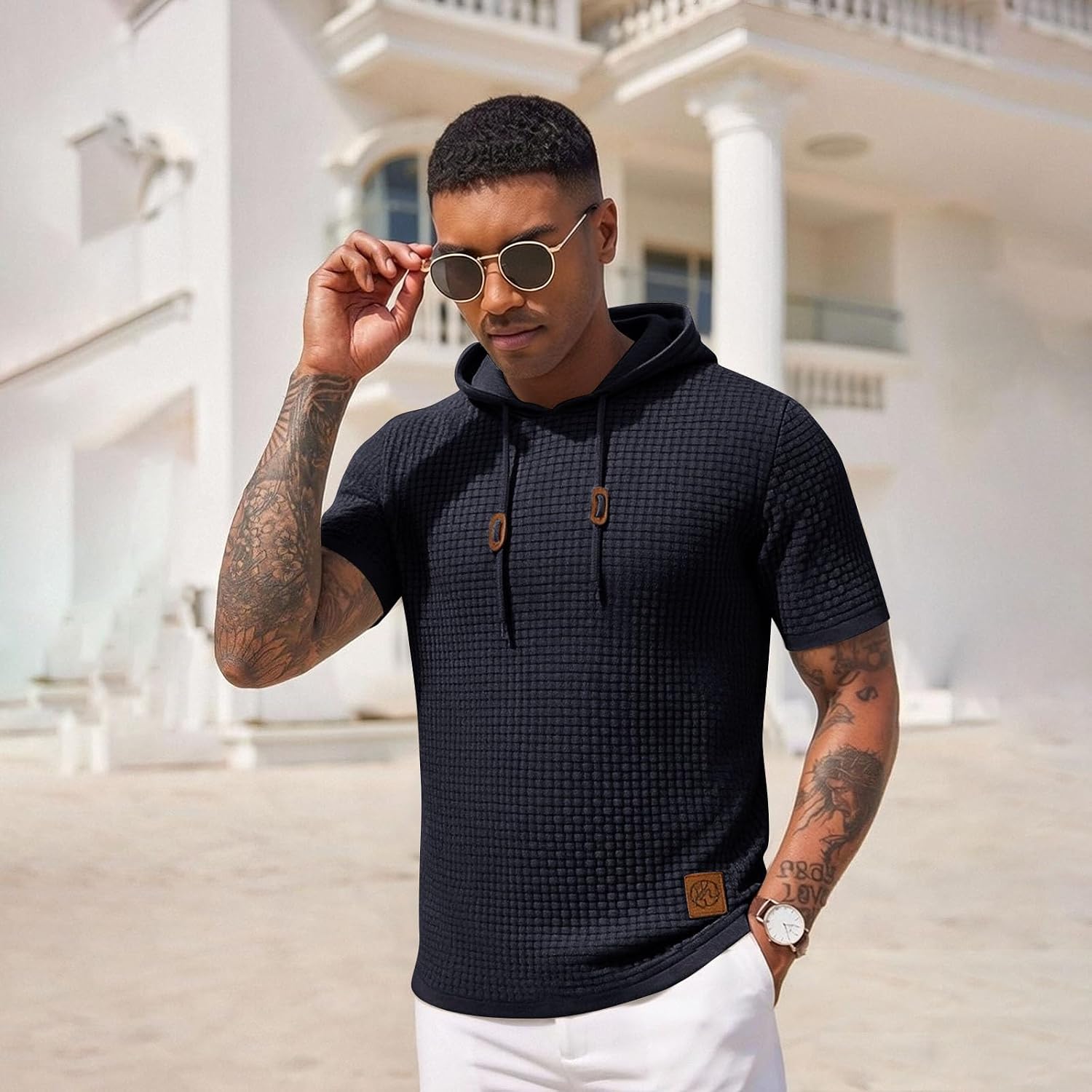 WENKOMG1 Men's Casual T Shirts Short Sleeve Cotton Hooded T-Shirts Lightweight Solid Sweatshirt, M-3XL