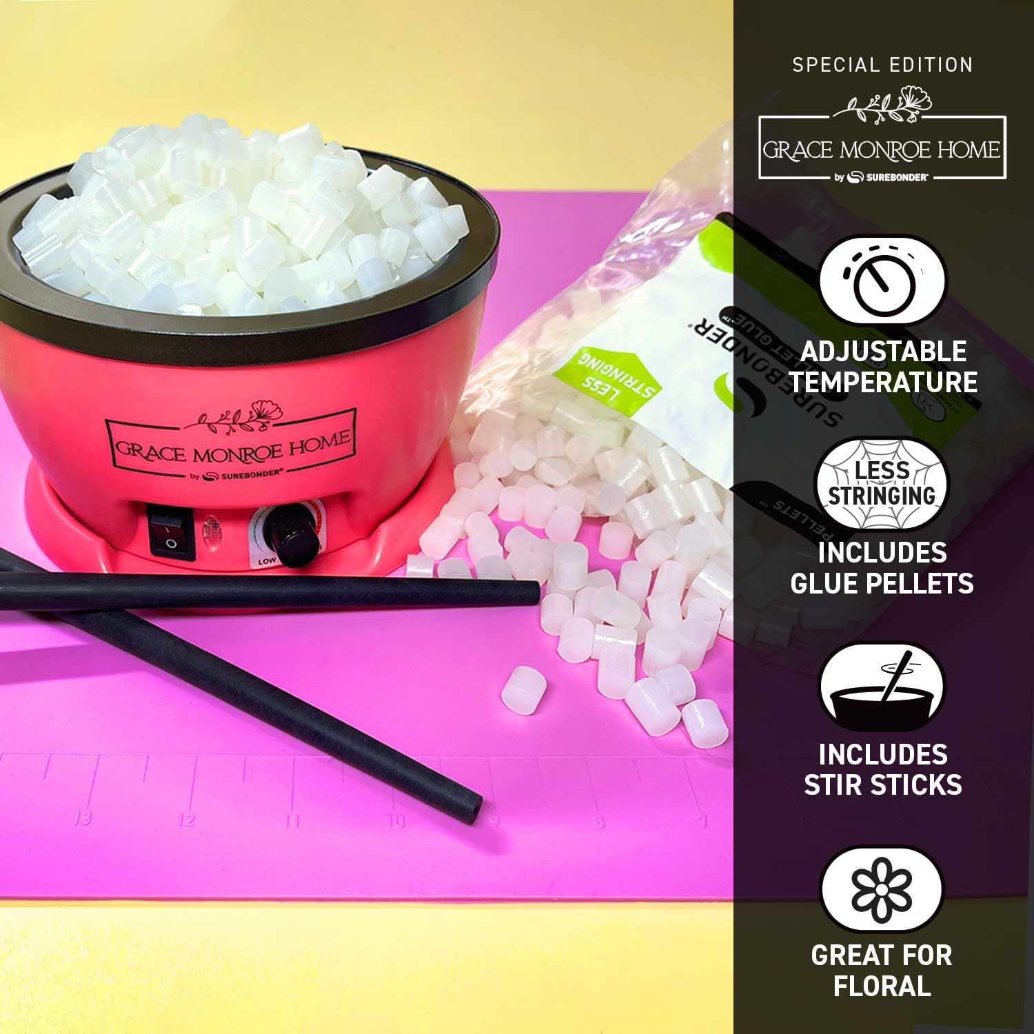 Surebonder x Grace Monroe Home Hot Glue Skillet Pot with 2 Stir Sticks, Pink Glue Mat, and Glue Pellets, 5.25-inch Diameter, 1-inch Depth, Great for Floral, Pink