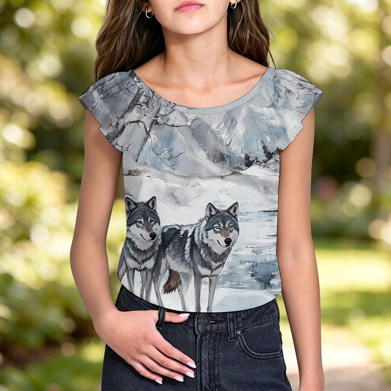 Wolf Wolves By The Stream Girls T-Shirts Top Ruffle Short Sleeve Blouse Casual Graphic Tees