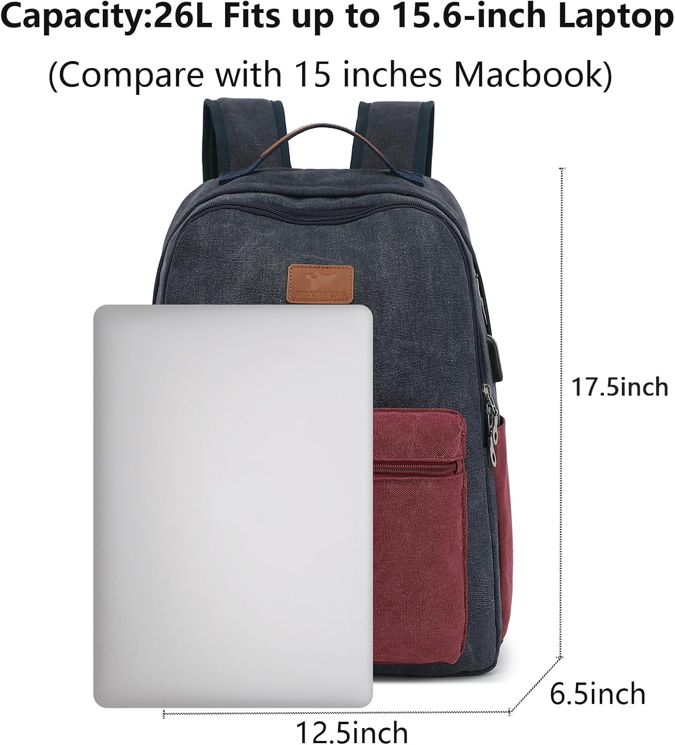 Waterproof Canvas Backpack, Laptop Backpack with USB Charging Port, Vintage Backpack for College Students, Casual Daypack for Men & Women, Travel Work Backpack Fits 15.6 Inch Laptop, Dark Blue-Red