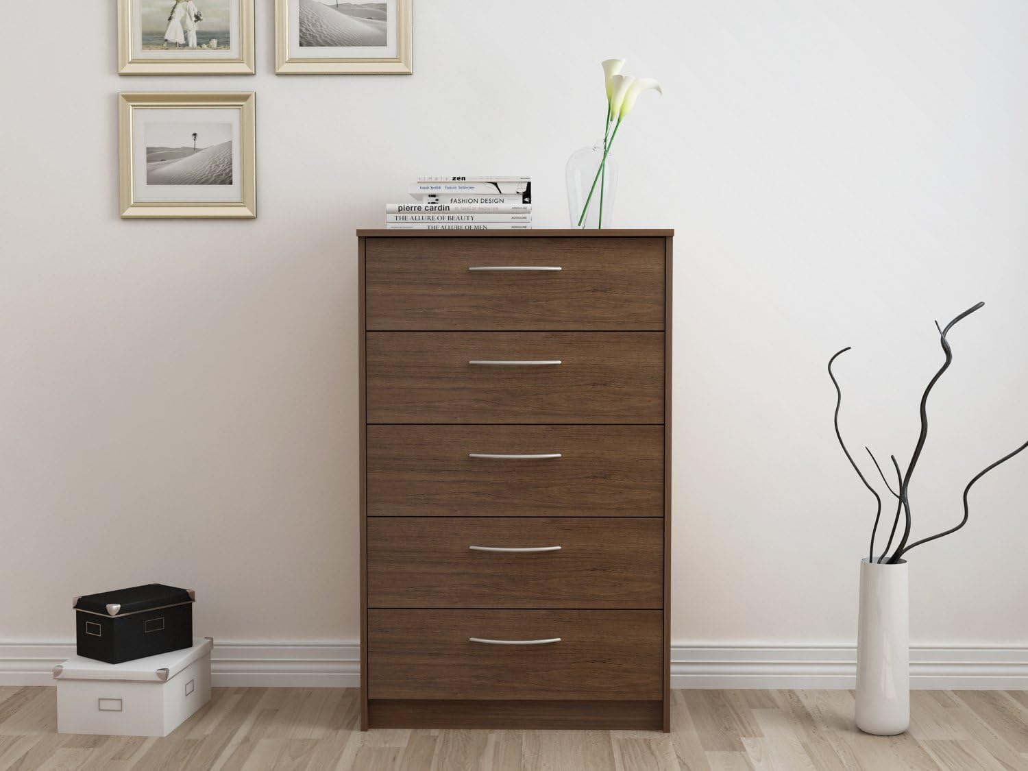 HOMESTAR Finch 5 Drawer Chest, 27.5" x 15.63" x 44.5", Walnut