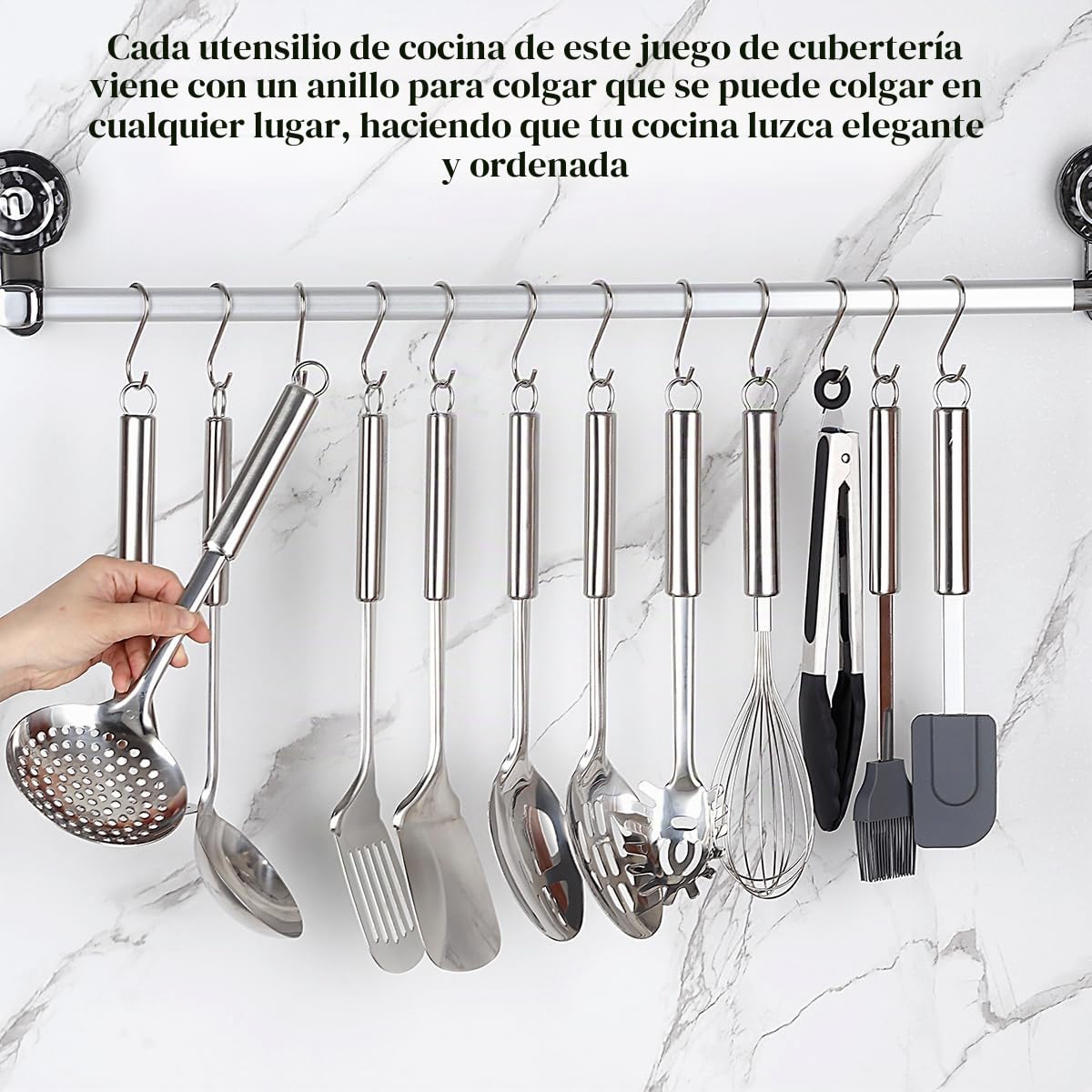 Juego de Utensilios de Cocina de Acero Inoxidable - 39 Piezas Con Espátulas, Cucharas y Soporte Resistente - Apto para Lavavajillas