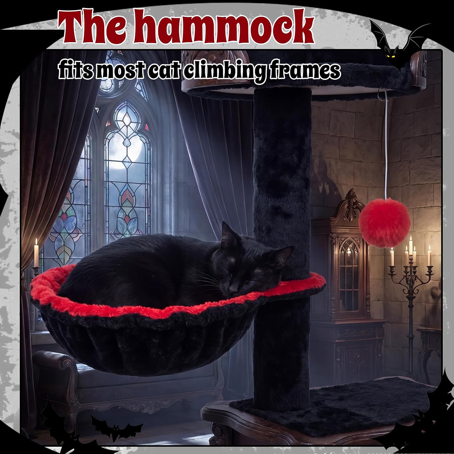 Dansydaisy 3 Pack 14.6" Large Goth Cat Tree Hammock Basket, Red and Black | Bed Lounger Tower Replacement Parts, 6 Pcs Hanging Elastic Strings Pom Pom Toys, Cat Tree Accessories Hammock Attachment