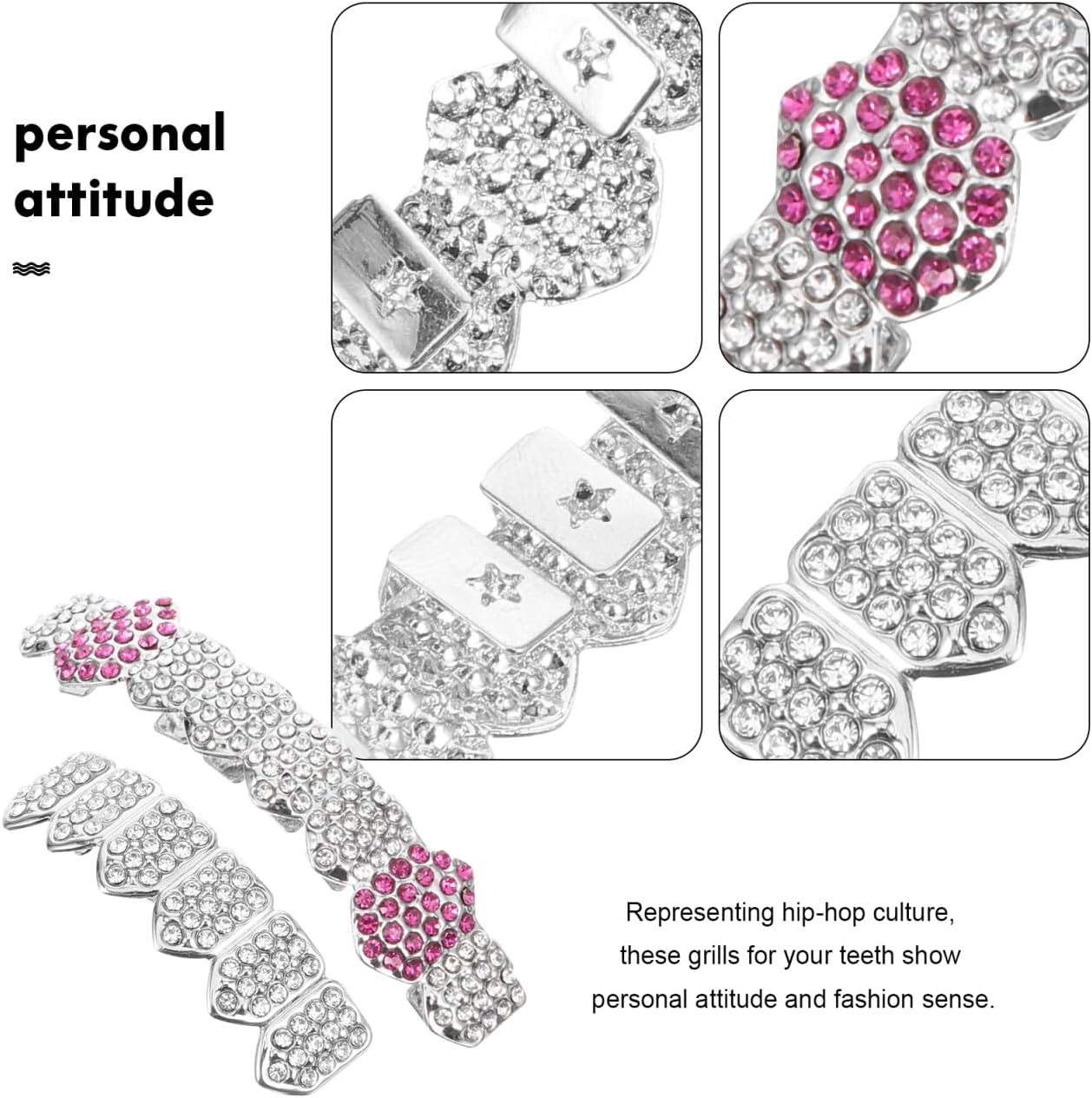BESPORTBLE Hip-Hop Teeth Grills for Men and Women: Sliver Teeth Grills Inlaid with Shiny Zircon Rap Accessory for Daily wear and Cosplay Halloween Party