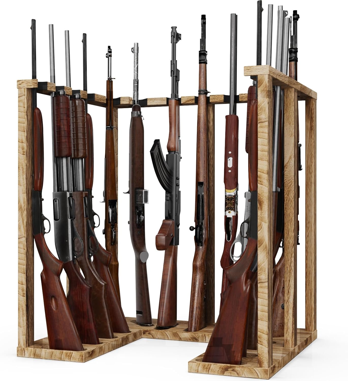 Indoor Gun Rack Corner Wood Heavy Gun Rack Rifle Stand Display Shotgun Organizer and Storage Racks Stable Support for 15 Guns (Carbonized Black)