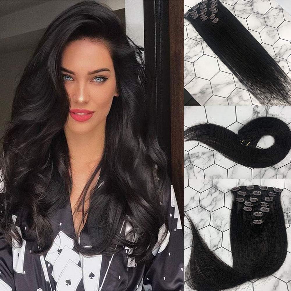 Vowinlle Clip in Hair Extensions Double Weft 20" Grade 8A 100% Remy Hair 7Pieces/85g Straight Real Remy Thick Hair Extensions for Full Head