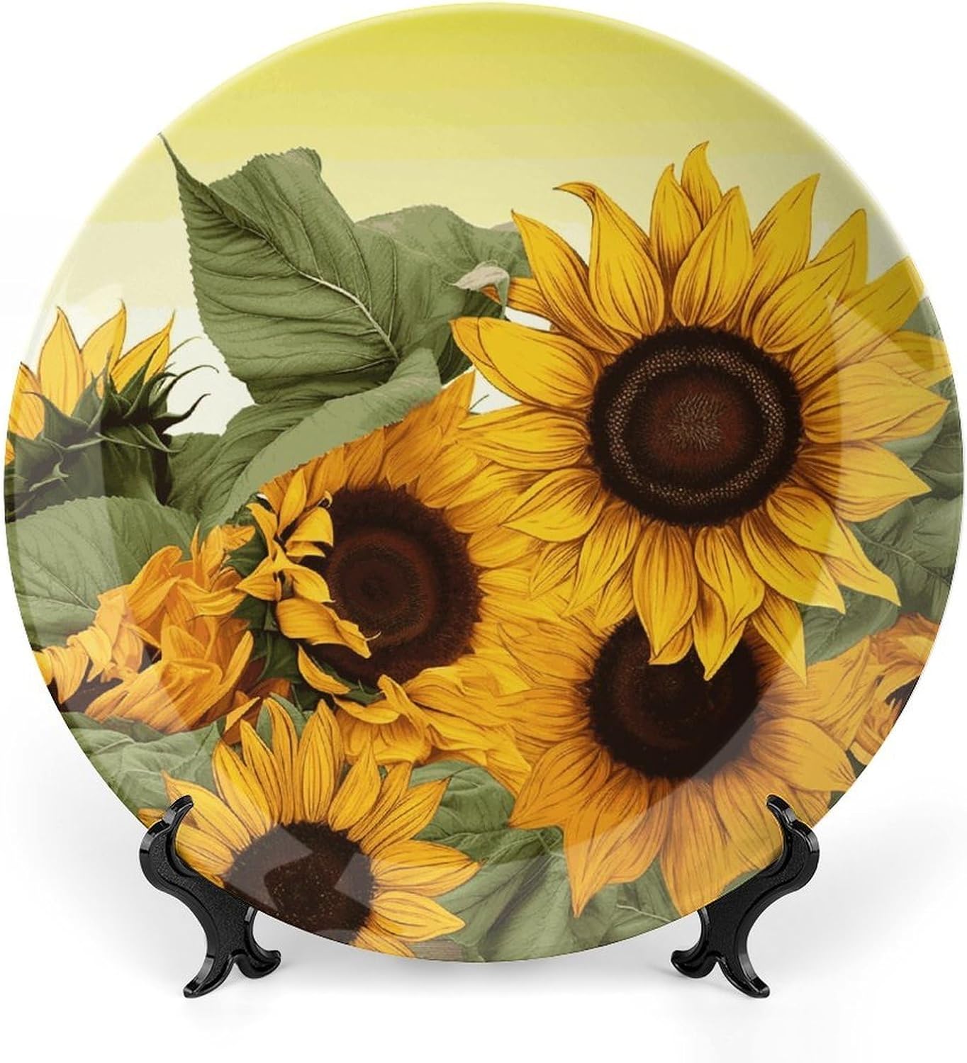 Sunflowers Floral Ceramic Plate 10inch Decorative Bone China Wall Hanging Ornament Plates Bohemian Style Dinner Plate with Display Stand Cabinet Display Plates for Home Art Decor