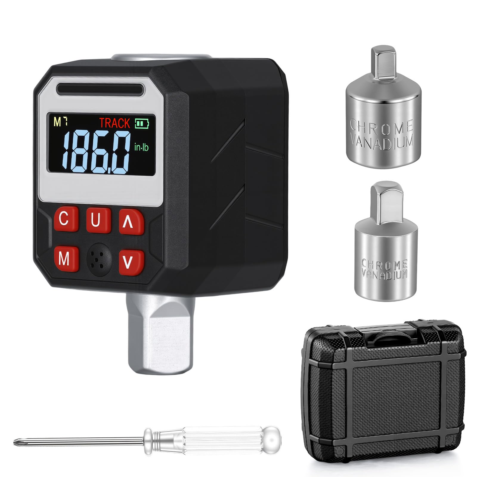 Digitaler Drehmomentadapter, 1/2 Zoll Digital Drehmomentschlüssel mit ±2% Genauigkeit, Voreingestellter, LED Anzeige, Summer, 3/8" und 1/4" Adapter für Fahrrad, Motorrad, Auto (10-200Nm)