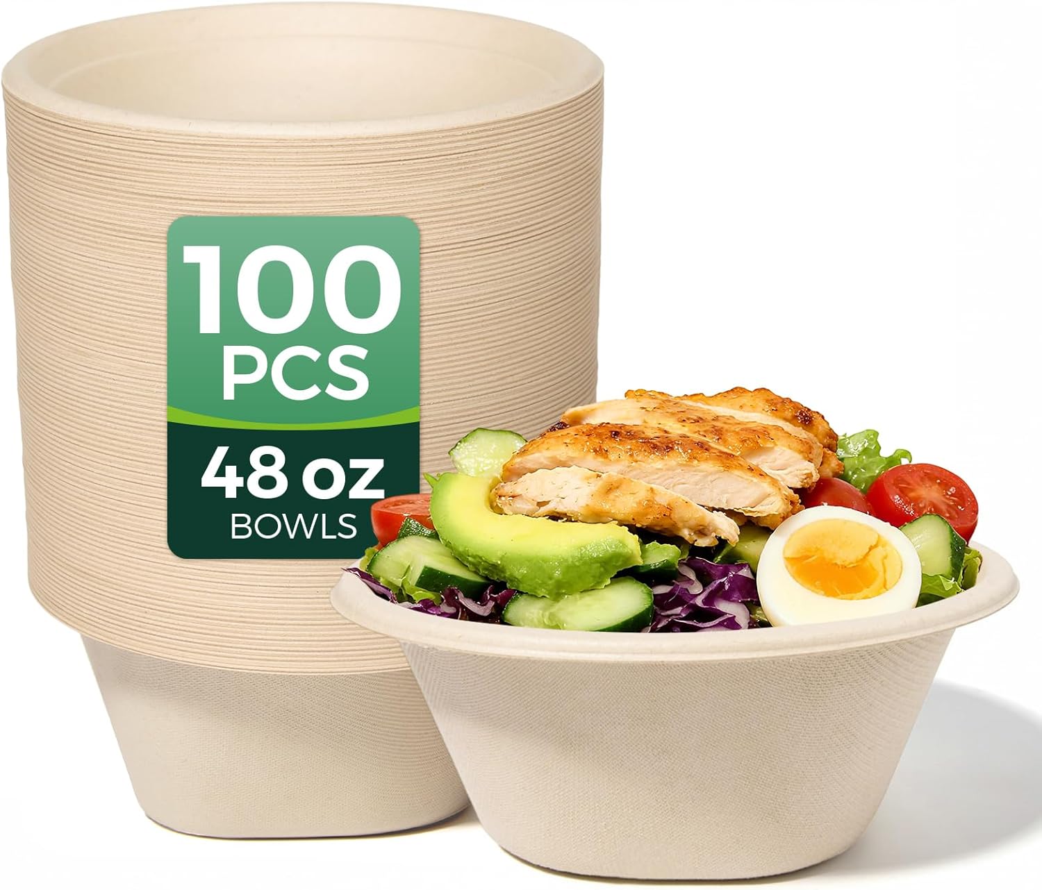 48 OZ [100 Pack] Heavy Duty Compostable Salad Bowls - 100% Sugarcane Fiber, Microwave Safe - Large Disposable Bowls for Soup, Salad, Ramen, Popcorn