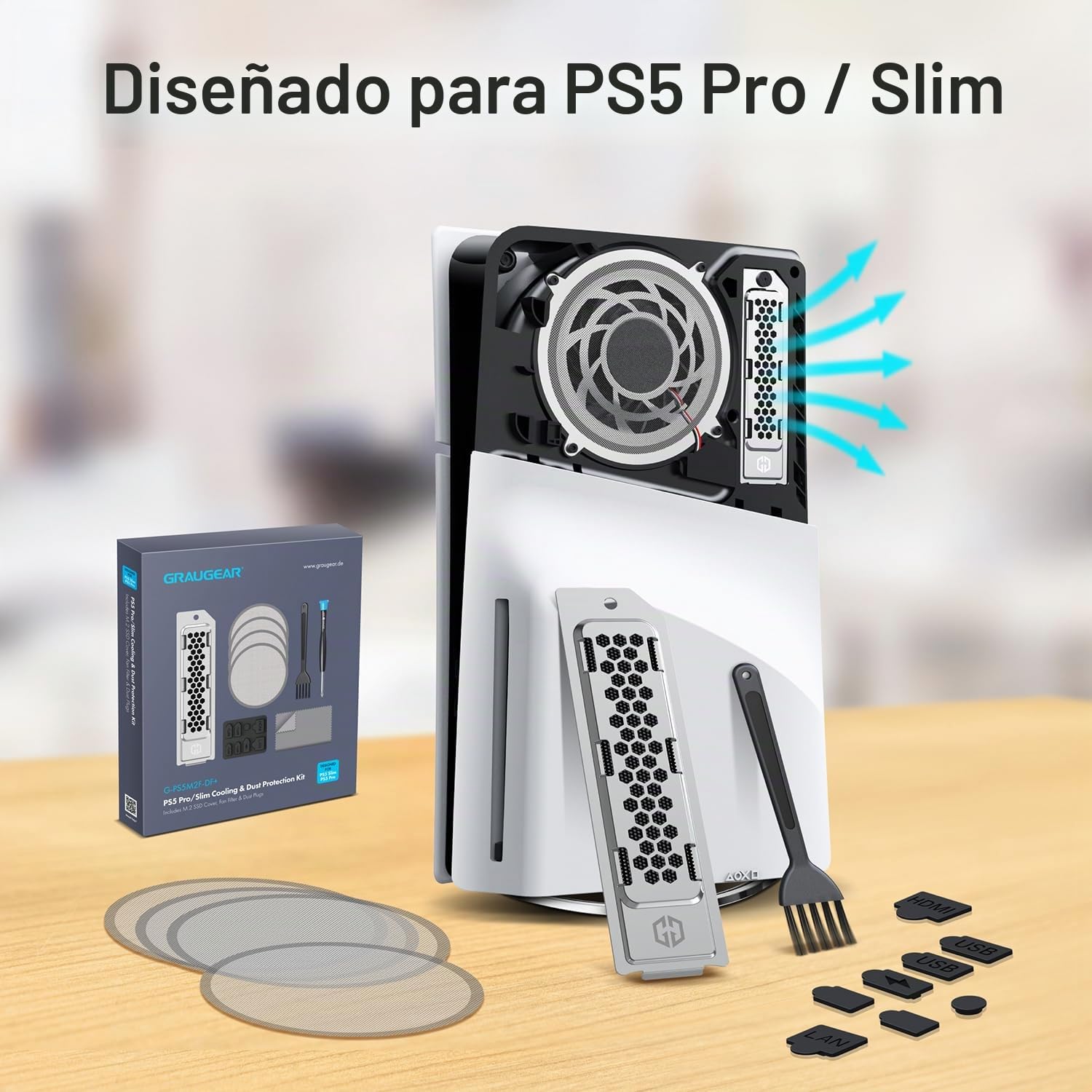 GRAUGEAR Juego de filtros de polvo de alta calidad para PS5 Slim & Pro – Incluye cubierta antipolvo para SSD M.2, cubiertas de silicona y cepillos de limpieza, mejora la longevidad