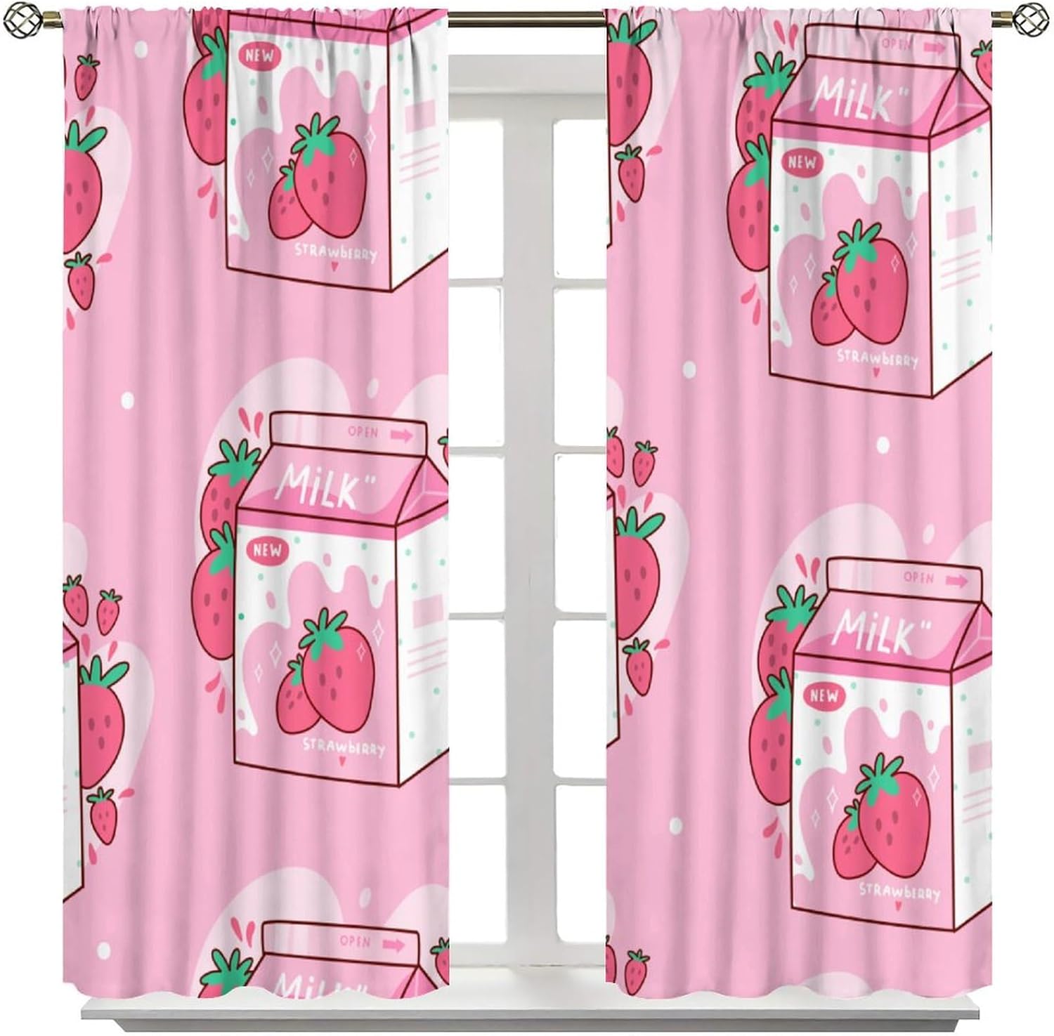 Strawberry Blackout Window Curtain ﻿Carton Strawberry Milk Cute Pink Modern Family for Home Kitchen Restaurant Decoration Window Curtain 2Panel 42" W X 45" L