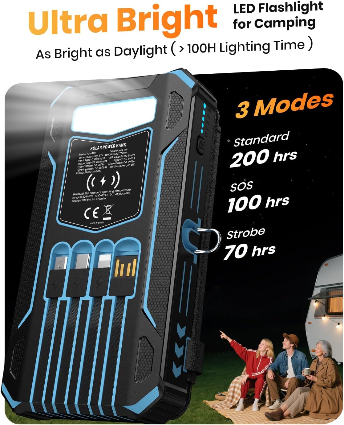 SOARAISE Solar Charger Power Bank - 48000mAh Wireless Portable Charger Built-in 4 Cables and 4 Solar Panels, PD QC 3.0 Fast Charging USB C Battery Pack with Flashlight for Camping Travel (Blue) - Image 7