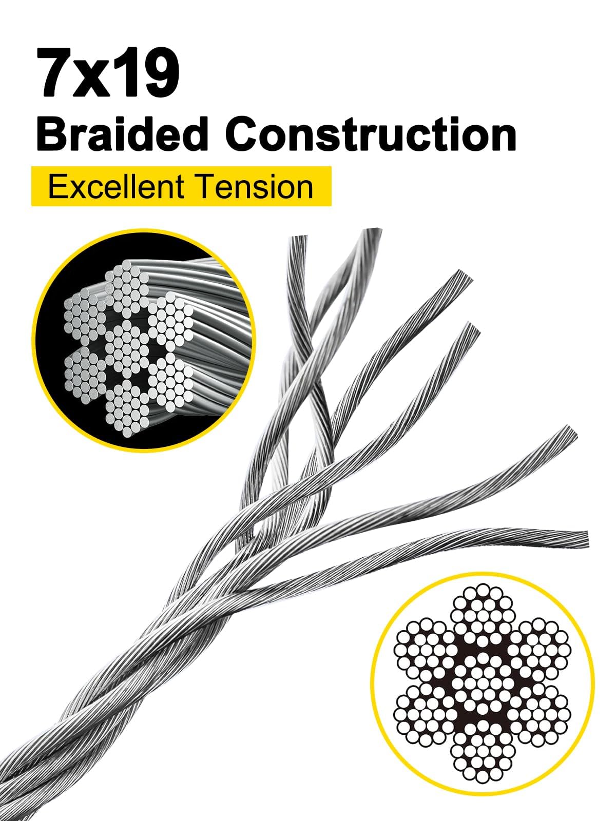 TooTaci Cable de acero inoxidable T316 de 3/16 pulgadas, cuerda de alambre de barandilla de acero inoxidable de 100 pies, cable de avión 3/16, cable de acero trenzado de 7 x 19 hilos, para barandilla