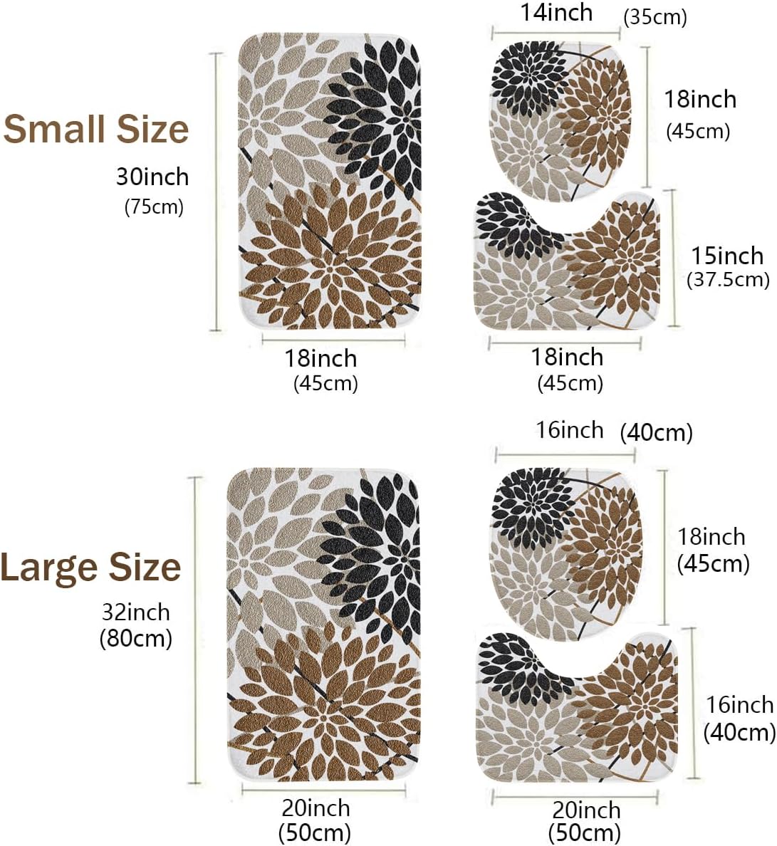 3 Piece Brown Dahlia Flower Bath Rug Sets Black and Grey Spring Floral Bath Mat Soft Non Slip Modern Geometric Leaves Summer Water Absorbent U-Shaped Contour Toilet Mat Lid Cover