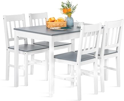 Dining Table with 4 Chairs Pine Wood Dining Set for Dining Room Kitchen Living Room Grey and White AAAA01 5 Piece Solid Pine Dining Set - 1 Dining Table and 4 Chairs for Kitchen and Dining Room