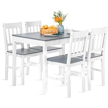 Dining Table with 4 Chairs Pine Wood Dining Set for Dining Room Kitchen Living Room Grey and White AAAA01