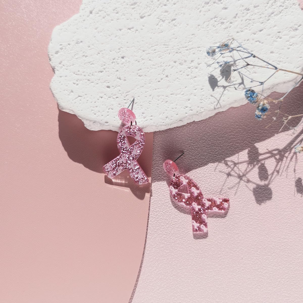 Breast Cancer Awareness Wooden Earrings Glitter Acrylic Pink Ribbon Drop Earrings For Women Survivor Gift Support - Image 5