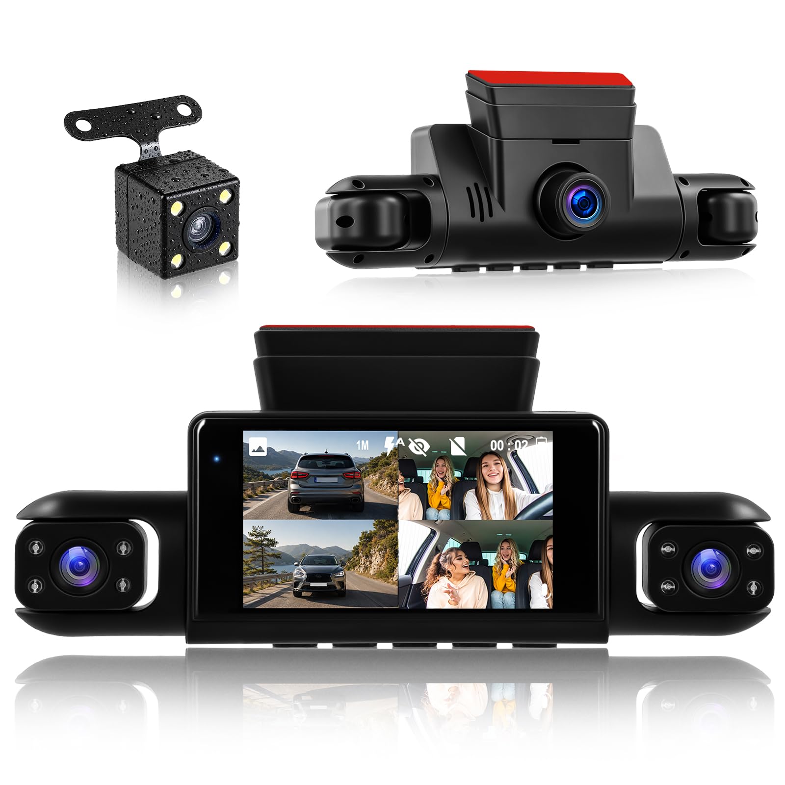 Rimoody 4 Canales 360° Dashcam Coche, 4 Cámaras 1080P Delantera Trasera Izquierda Derecha, 3 Pulgadas IPS Pantalla, Visión Nocturna IR, Grabación en Bucle, Vigilancia Aparcamiento 24H