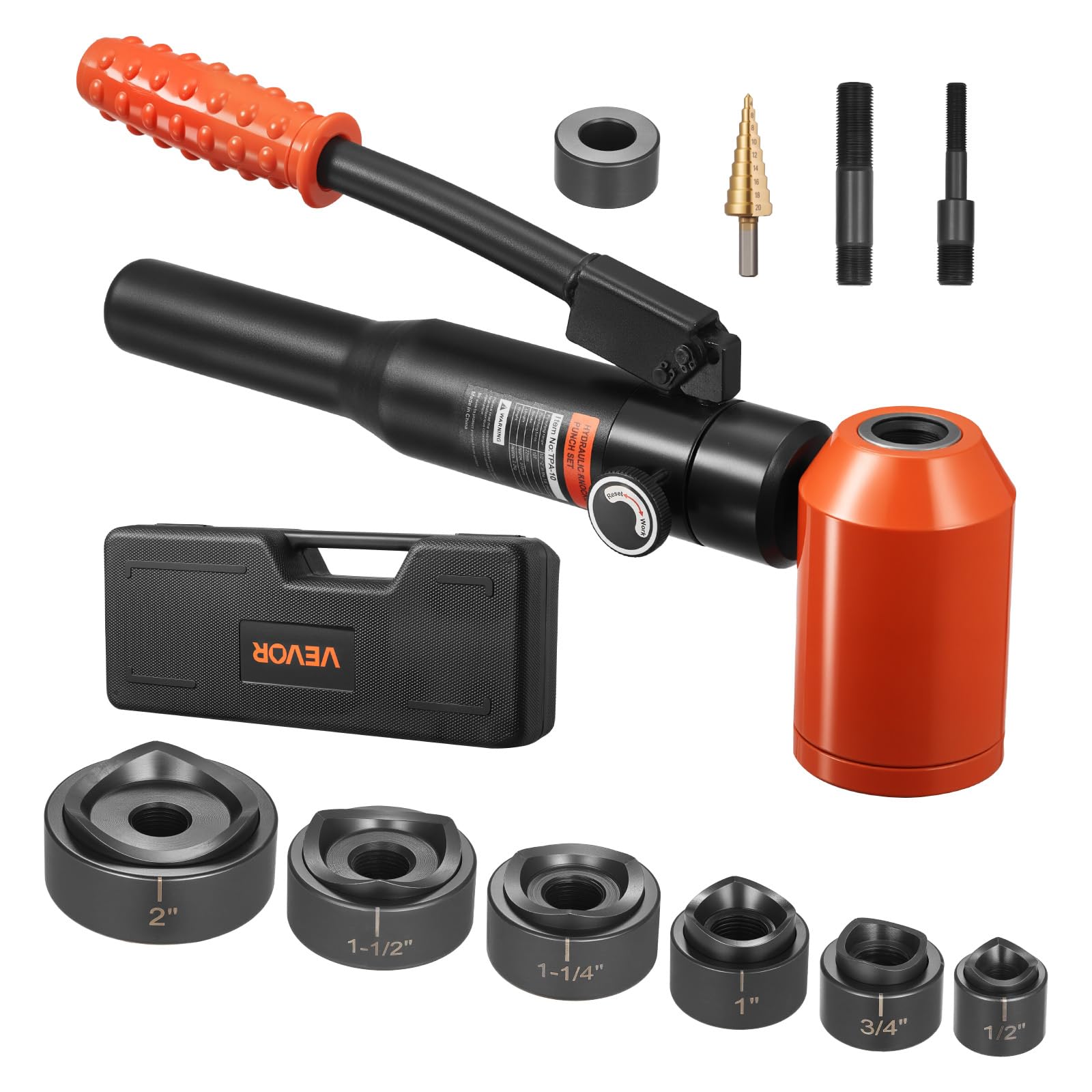 VEVOR Kit di Perforazione Manuale, Set di Punzoni Idraulici da 10 T Kit di Utensili KO per Realizzazione di Fori 1,27 a 5,08 cm con 6 Matrici per Armadi in Metallo, Controllo e Quadri Elettrici