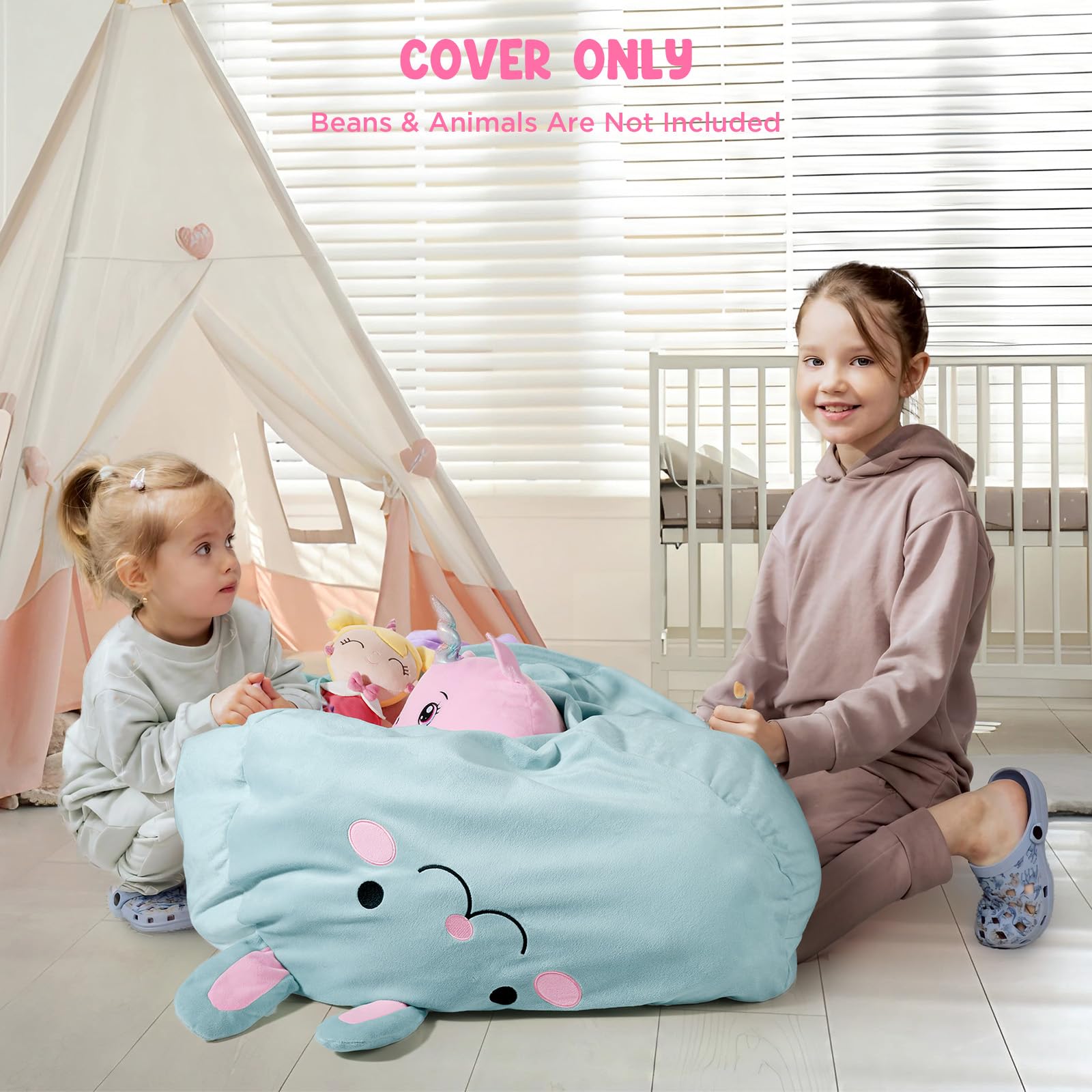 GAGAKU Saco de Almacenamiento para Peluches Conejo Azul 200L Bolsa Puff Salon XXL para Juguetes Habitación Infantil Gran Saco Asiento Rellenable con Cremallera de para Organizador Peluches - Azul