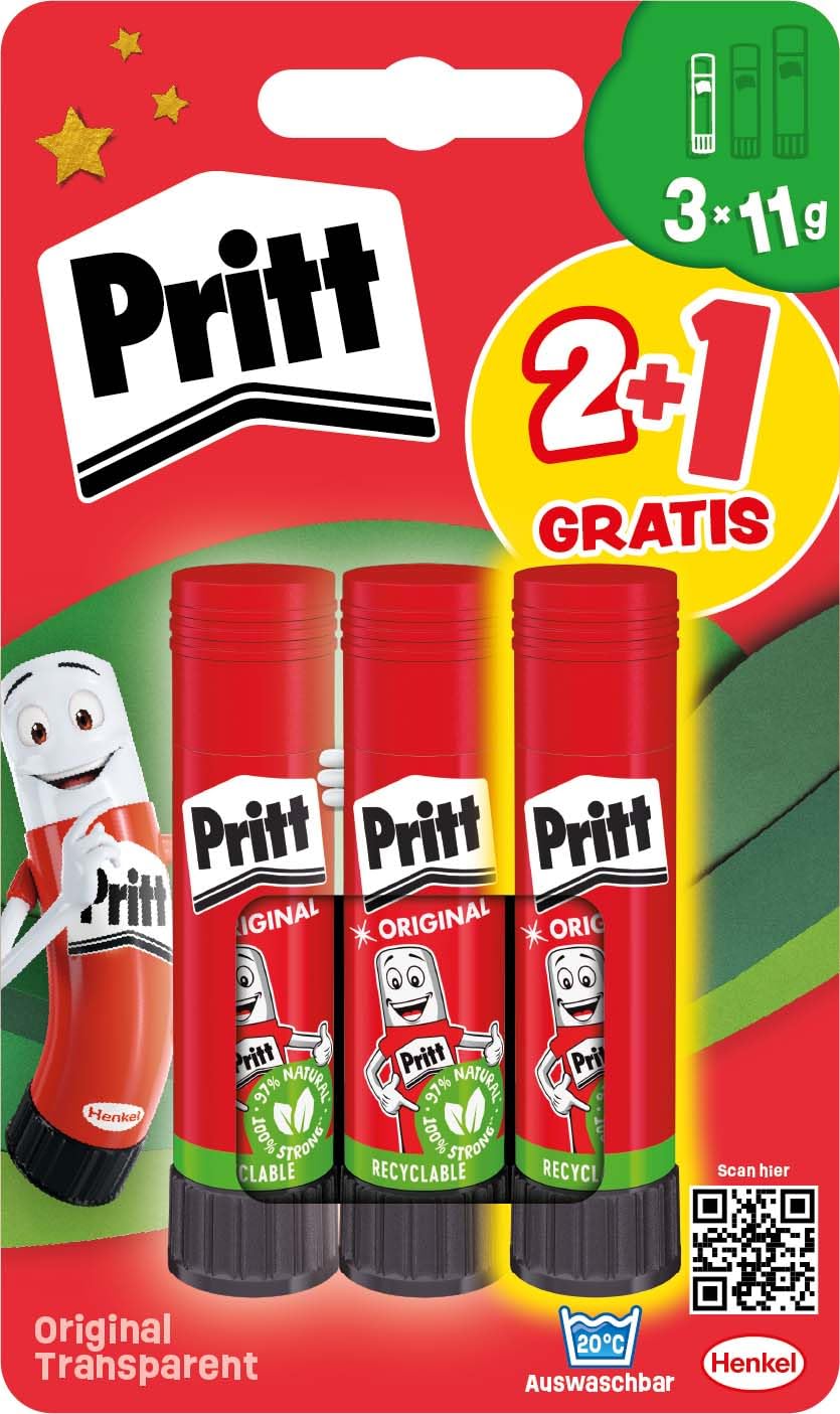 Pritt Set of 3 11g Glue Sticks and Tattoos - Safe and Kid-Friendly Glue for Arts and Crafts - Strong Glue for School - 9H PGS5B