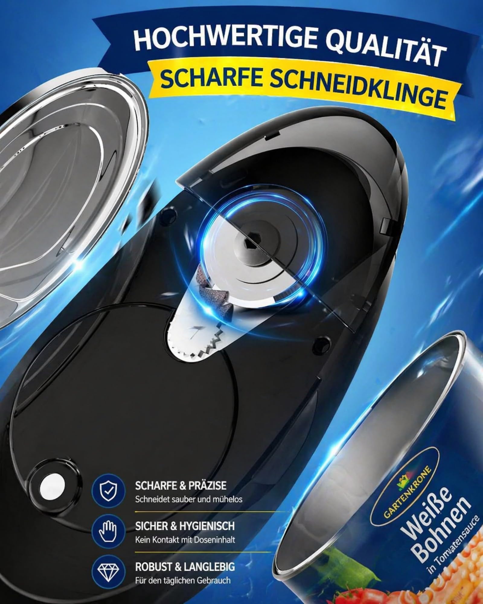 Apriscatole elettrico, One Touch automatico, senza fili, bordo liscio sicuro, per anziani mani deboli, apre tutte le dimensioni