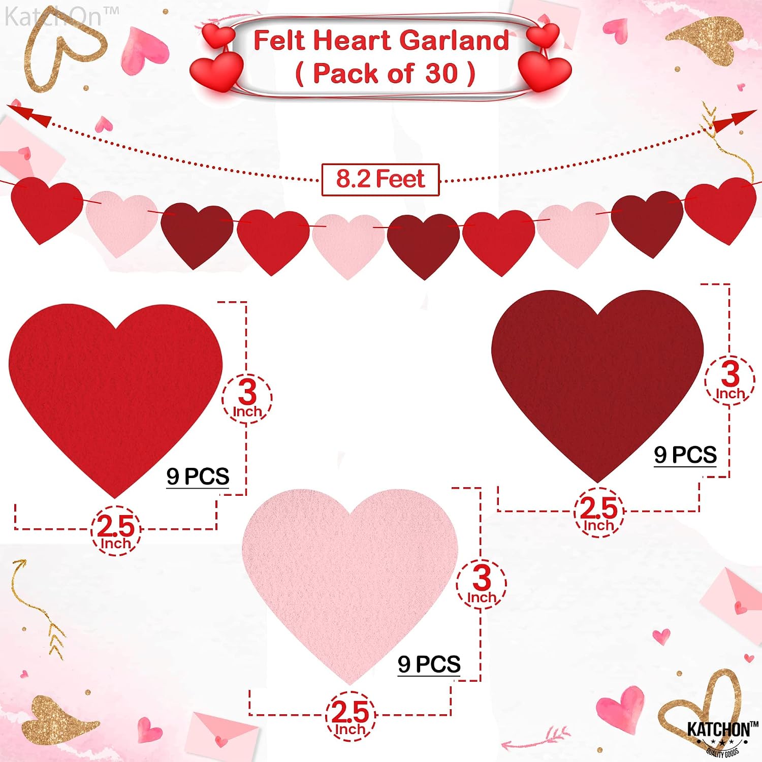 KatchOn Felt Heart Garland for Valentines Decorations - Pack of 30, Red, Rose, Light Pink Heart Banner