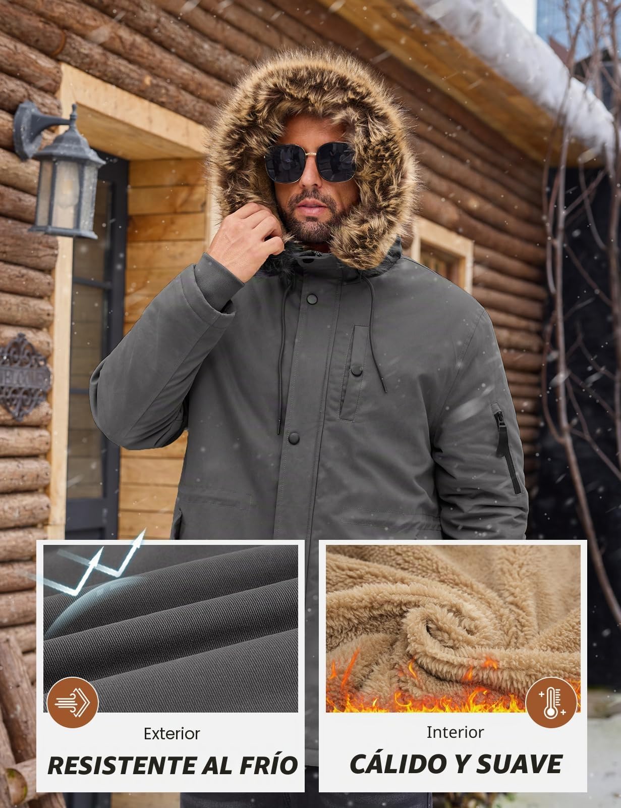 Lonya Abrigo Hombre Invierno Chaquetas de Algodón Forro Polar Cálido Parka Gruesa Cuello De Piel Desmontable Militar Exteriores Prueba de Viento Cazadora con Capucha Integrada Bolsillos Múltiples
