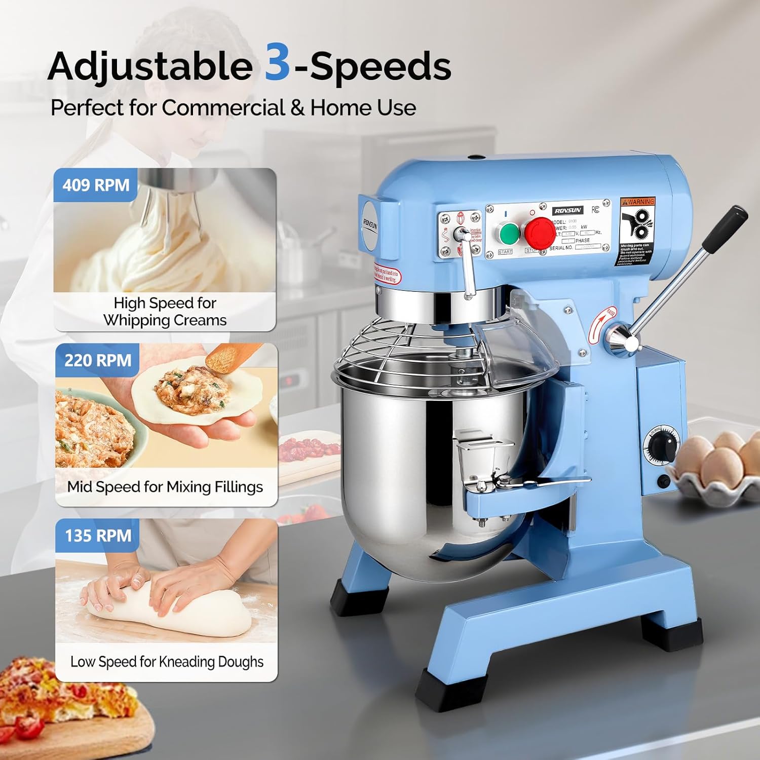 ROVSUN 10QT Commercial Food Mixer, 550W Electric Commercial Dough Mixer with 3-Speeds Adjustable, Heavy Duty Commercial Stand Mixer with Stainless Steel Bowl for Bakery Pizzeria Restaurants, Blue