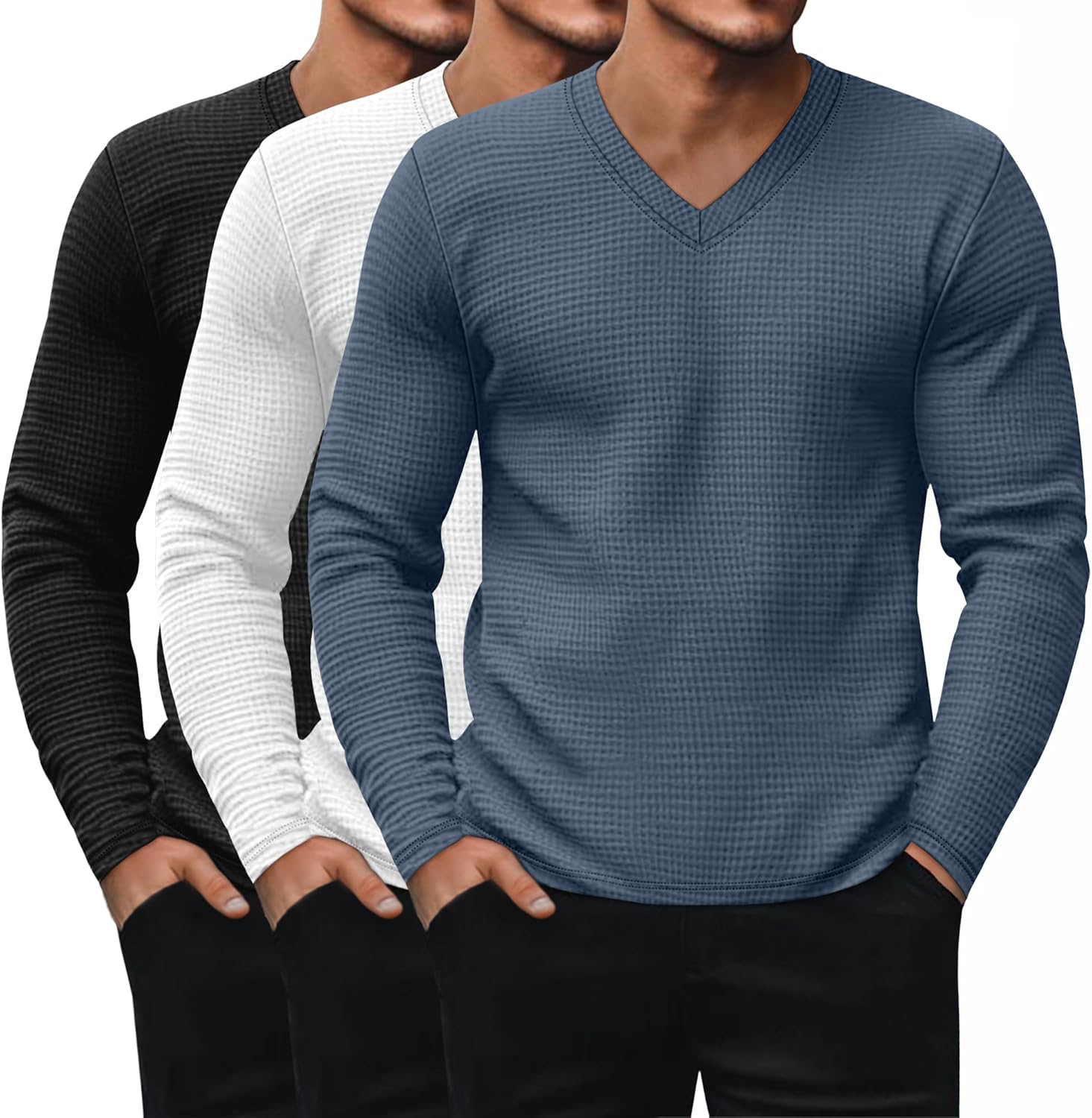Ficerd 3 Pack Men's Waffle Thermal Long Sleeve Shirts V Neck Underwear Tops Casual Knit Undershirts Pullover Sweaters