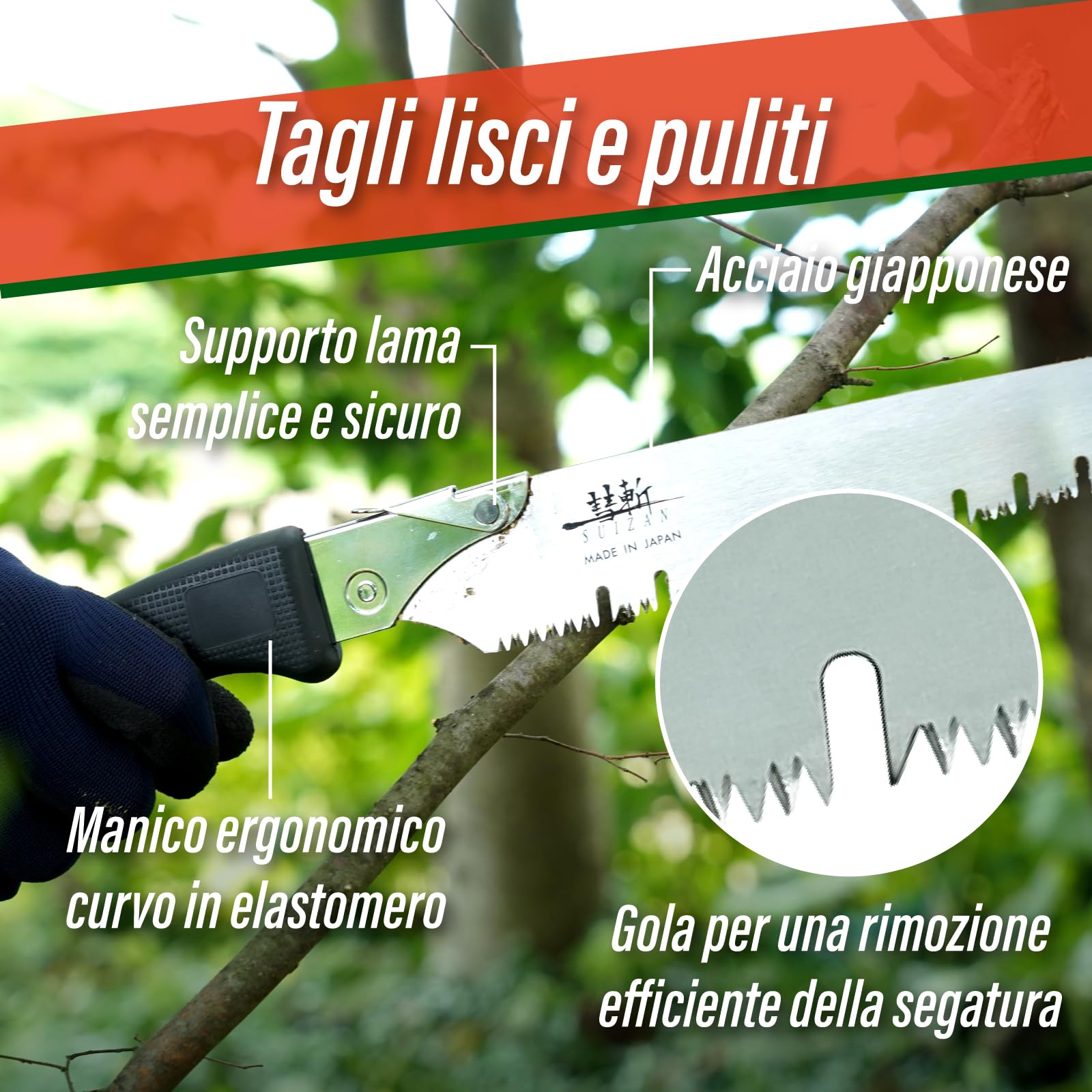 SUIZAN Segaccio per Potatura 270mm con Lama a Gola - Sega Manuale Professionale Giapponese per Alberi Attrezzi da Giardinaggio