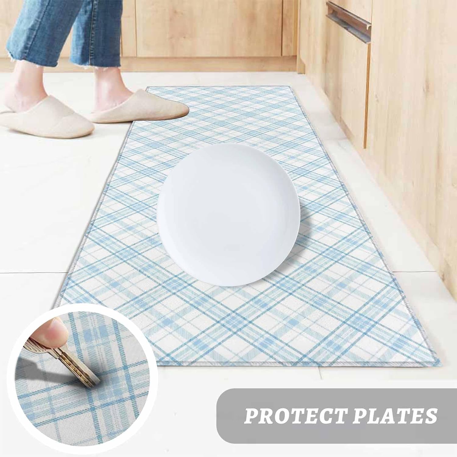 Kitchen Mats for Floor Modern Blue White Buffalo Plaid Washable Non Slip Kitchen Rugs 2PCS, Classic Checker Absorbent Standing Mats for Sink Bathroom Office Living Room 15.7x23.6in+15.7x47.2in