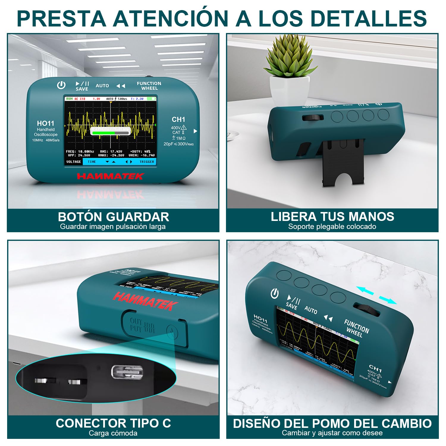 HANMATEK Osciloscopio Digital Portátil, Ancho de Banda de 10MHz, Muestreo de Alta Precisión de 48MSa/s, Pantalla TFT de 2,8", Recargable por USB, Sistema de Disparo Avanzado HO11