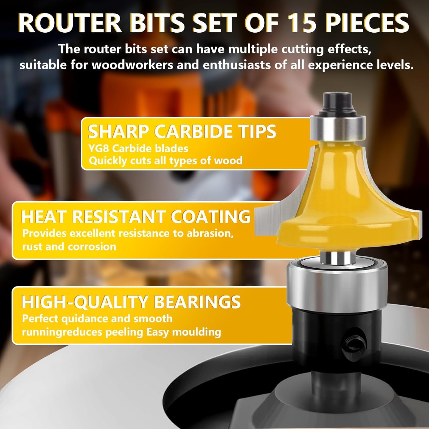 Router Bits Set 1/4 Inch of 15 Pieces, 1/4 Shank Tungsten Carbide Tipped Router Bits for Professional Woodworkers and Beginners with Wooden Storage Box, Woodwork Tools