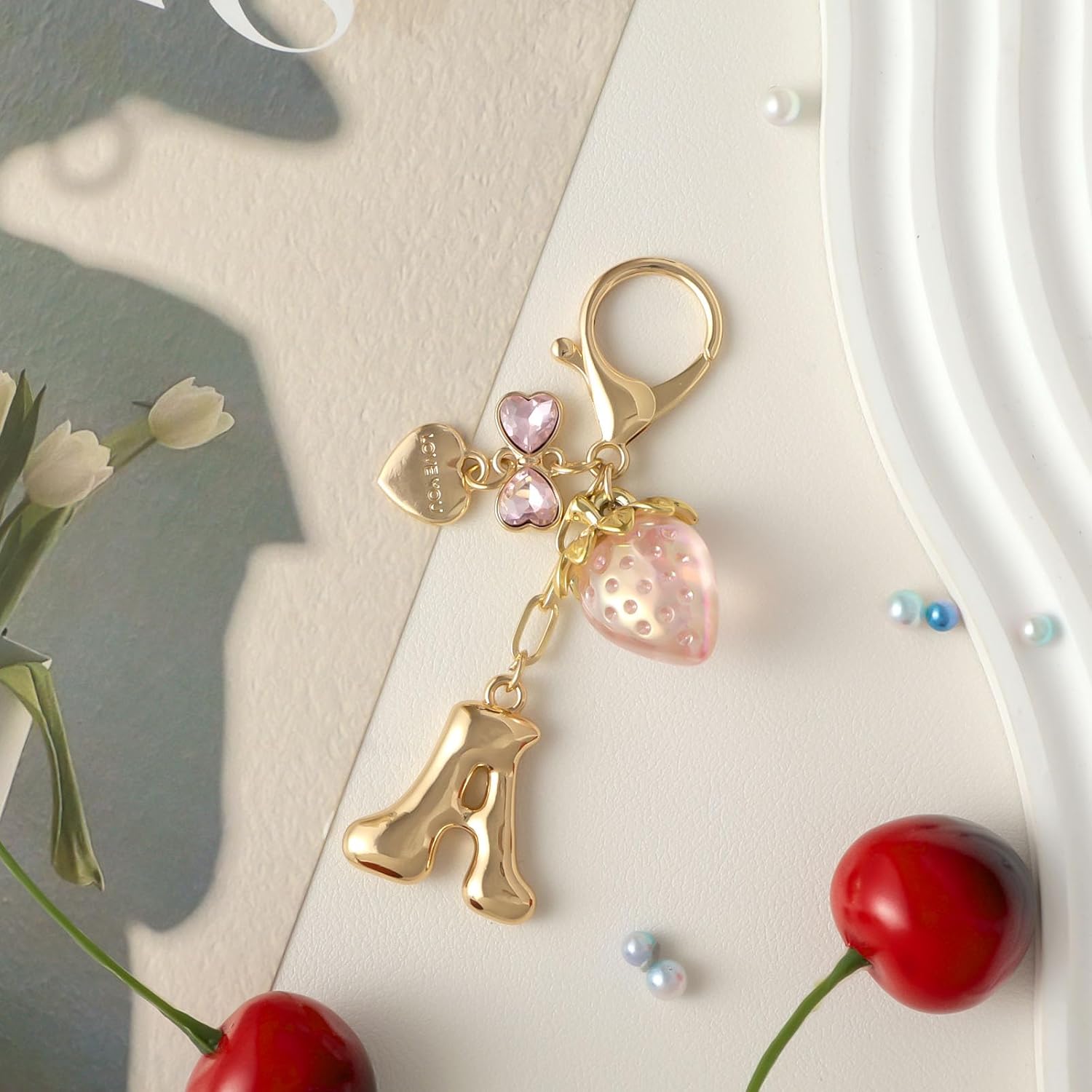 Snycler Bubble Initial Keychain with Strawberry & Bow- Gold Letter Bag Charms for Women, Cute Purse Handbag Accessories - Image 3
