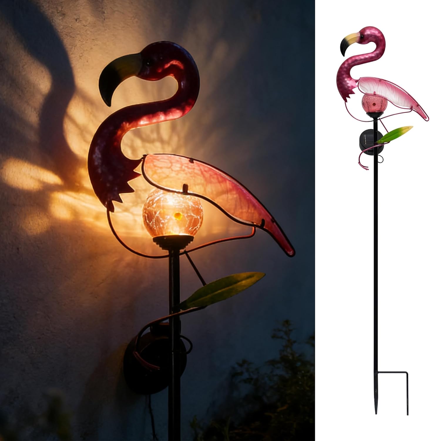 32-inch Flamingo Solar Garden Stake, Pink Iron Metal LED Light Decor for Tropical Yard & Patio, Elegant Flamingo Lawn Ornament with Ground Spike, Weatherproof Outdoor Decoration