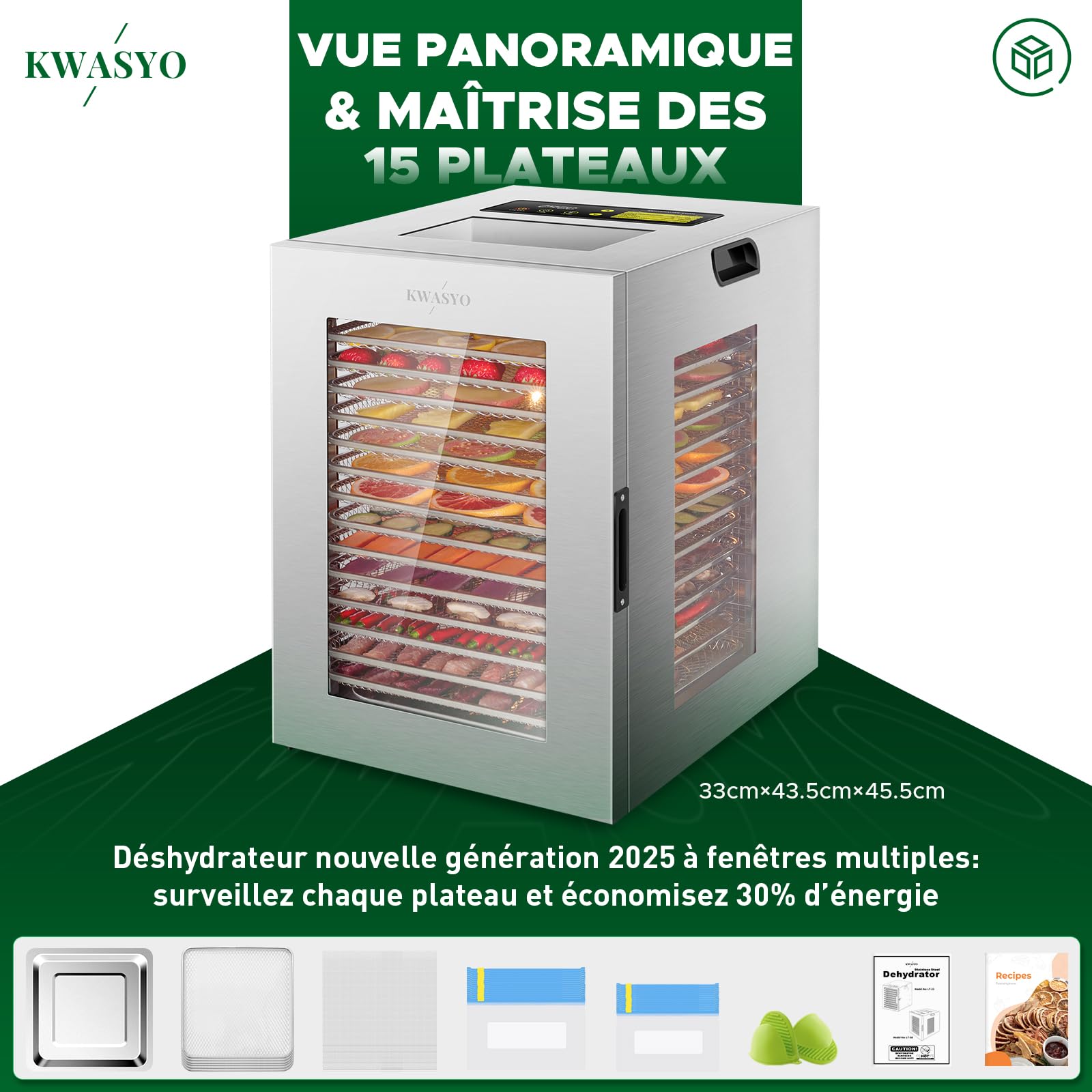 Kwasyo Deshydrateur Alimentaire en Acier Inoxydable 15 plateaux, 1200W à Double Ventilateur pour Jerky, Friandises pour Chiens, Fruits, Herbes, Viande, Surveillance Multi-Fenêtres Séchage Puissant