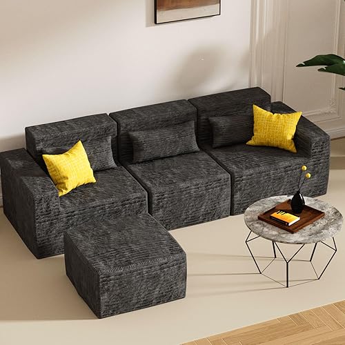 102" Cloud Modular Sectional Sofa Couch,Sectional Sofa with Deep Seat,Comfy Fluffy Couch with L-Shape Boneless Couches for Living Room Bedroom,No Assembly Required (Dark Grey, 3 Seater+1 Ottoman)